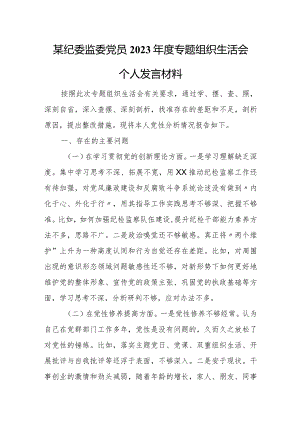 某纪委监委党员2023年度专题组织生活会个人发言材料.docx