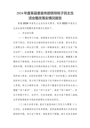 2024年度某县委宣传部领导班子民主生活会整改落实情况报告.docx