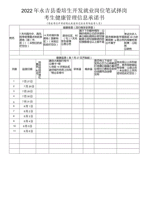 2022年永吉县委培生开发就业岗位笔试择岗考生健康管理信息承诺书.docx