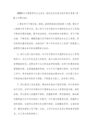 2023年主题教育民主生活会、组织生活会相互批评意见3篇（新6个对照方面）.docx