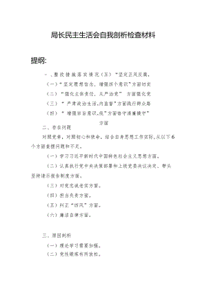 局长认真执行党中央决策部署和上级党委决议决定、带头坚持请示报告制度、对党忠诚老实、担当负责、纠正“四风”、廉洁自律六个方面民主生.docx
