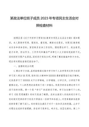 某政法单位班子成员2023年专题民主生活会对照检查材料.docx