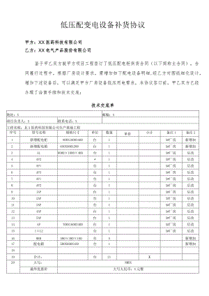 低压配变电设备补货协议（2024年XX医药科技有限公司与XX电气产品股份有限公司）.docx