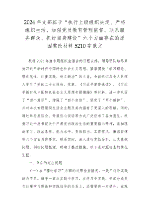 2024年支部班子“执行上级组织决定、严格组织生活、加强党员教育管理监督、联系服务群众、抓好自身建设”六个方面存在的原因整改材料5210字范文.docx