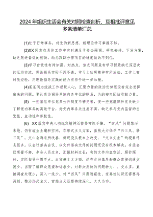 2024年组织生活会有关对照检查剖析、互相批评意见多条清单汇总.docx