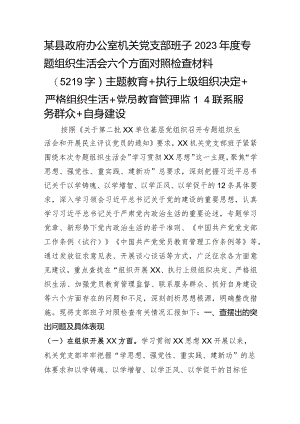 （政府办支部班子）2023年度主题教育专题组织生活会六个方面对照检查材料（主题教育+执行上级组织决定+严格组织生活+党员教育管理监督+联系服务群众+自身建设.docx