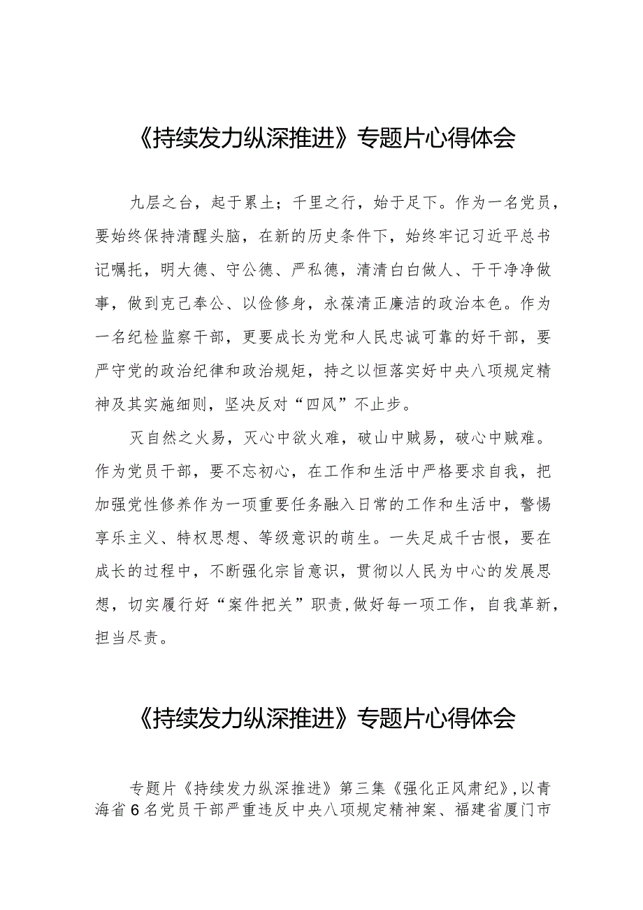十四篇电视专题片《持续发力纵深推进》观后感.docx_第1页
