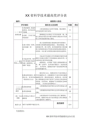 XX省科学技术最高奖评价指标.docx