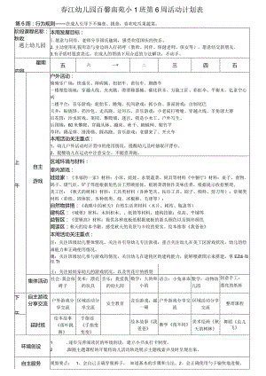 春江幼儿园百馨南苑小1班第6周活动计划表.docx