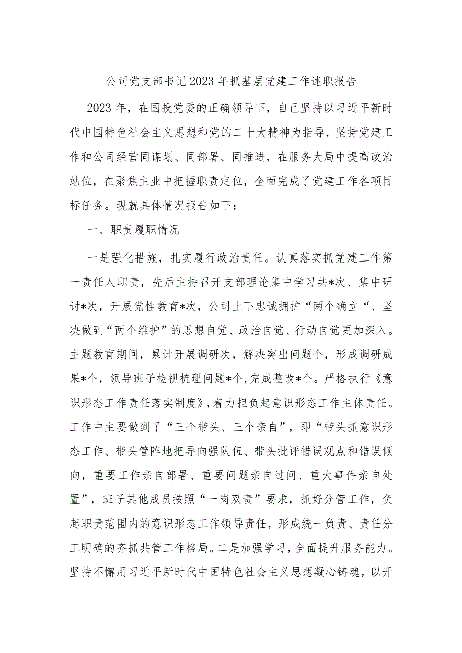 公司党支部书记2023年抓基层党建工作述职报告.docx_第1页
