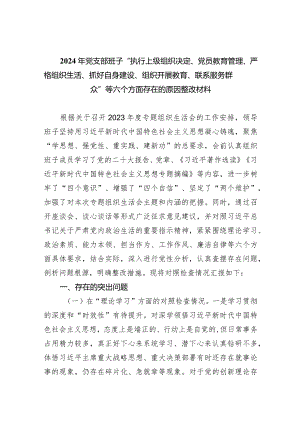 2024年党支部班子“执行上级组织决定、党员教育管理、严格组织生活、抓好自身建设、组织开展教育、联系服务群众”等六个方面存在的原因整.docx