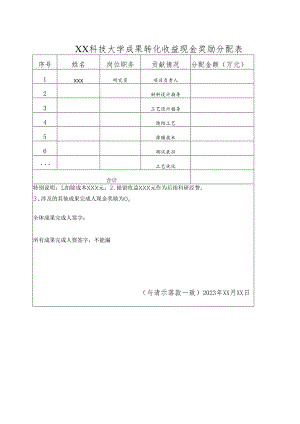 XX科技大学成果转化收益现金奖励分配表程（2023年）.docx