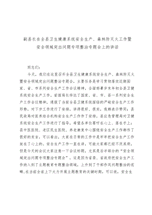 副县长在2024年度全县卫生健康系统安全生产、森林防灭火工作暨安全领域突出问题专项整治专题会上的讲话.docx