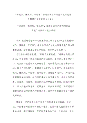 “讲诚信、懂规矩、守纪律”推进全面从严治党向纵深发展”专题研讨发言提纲(二篇).docx