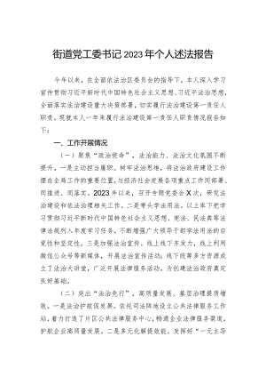 街道党工委书记2023年个人述法报告.docx