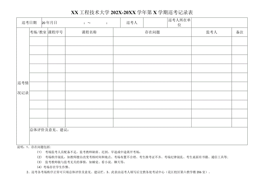 XX工程技术大学202X— 20XX学年第X学期巡考记录表(2023年).docx_第1页