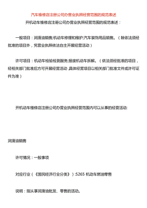 汽车维修店注册公司办营业执照经营范围的规范表述.docx