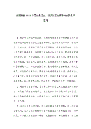 主题教育2023年民主生活会、组织生活会批评与自我批评意见.docx