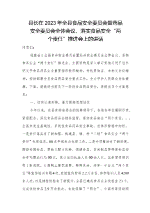 县长在2023年全县食品安全委员会暨药品安全委员会全体会议、落实食品安全“两个责任”推进会上的讲话.docx