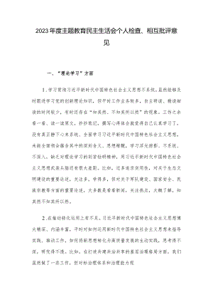 2023年度主题教育民主生活会个人检查、相互批评意见.docx