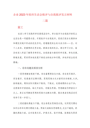 企业2023年组织生活会批评与自我批评发言材料三篇.docx