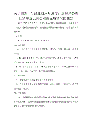 关于梳理1号线北段六月进度计划和任务责任清单及五月份进度完成情况的通知.docx