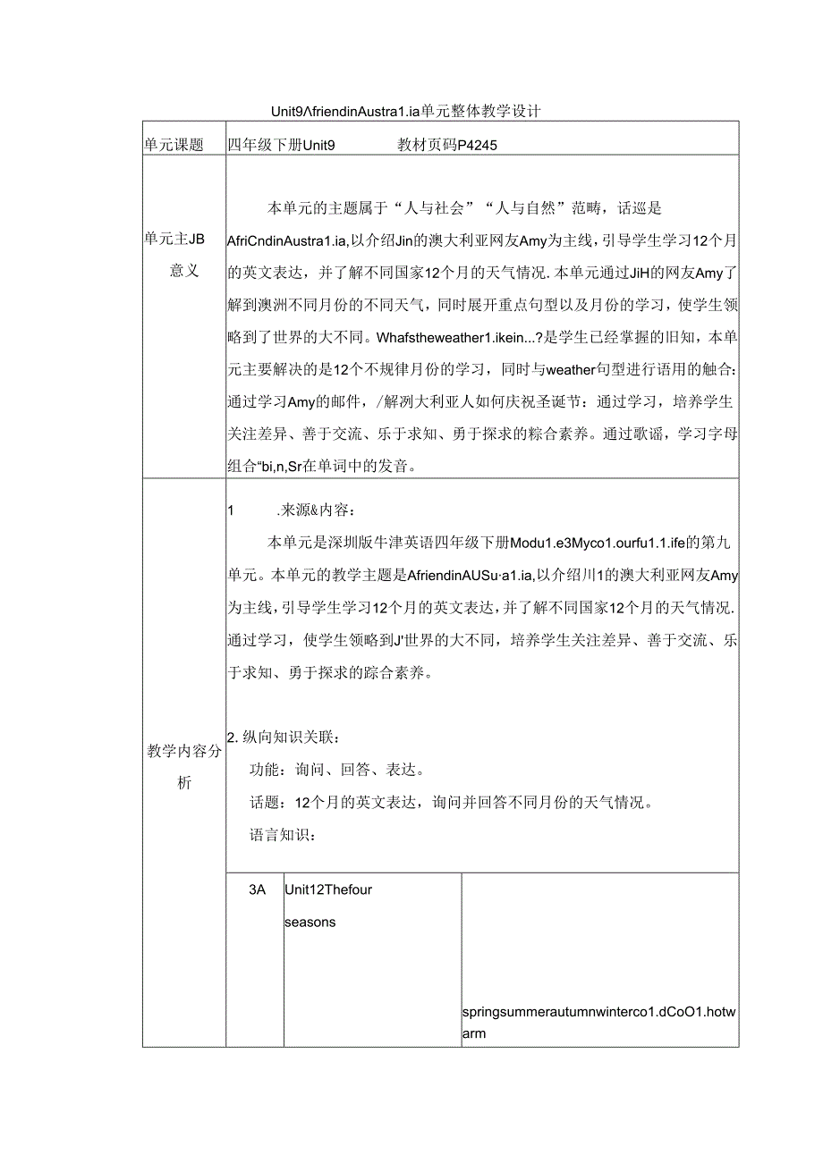 Module3Unit9AfriendinAustralia单元整体（教学设计）沪教牛津版（深圳用）.docx_第1页