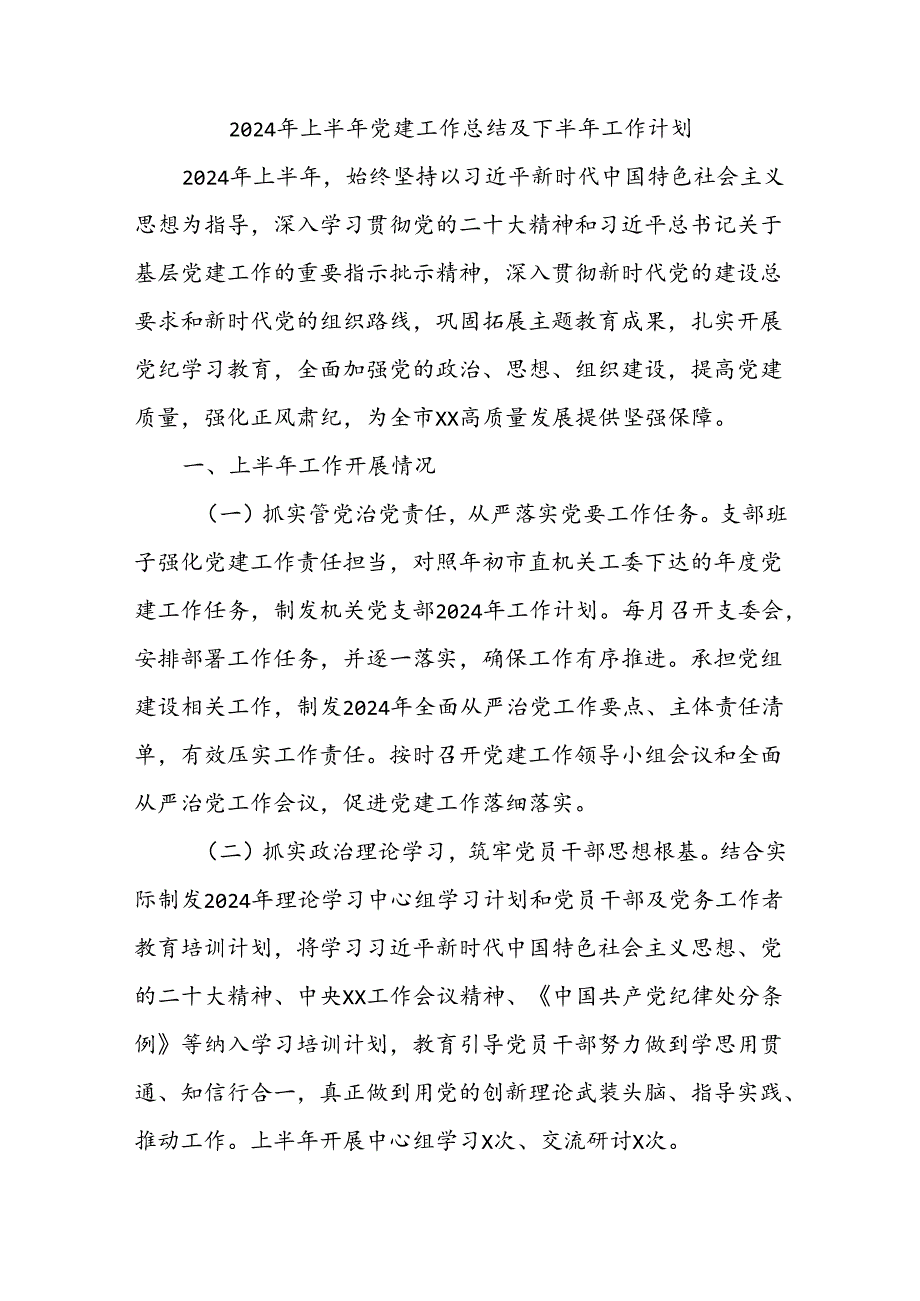 2024年上半年党建工作总结及下半年工作计划.docx_第1页