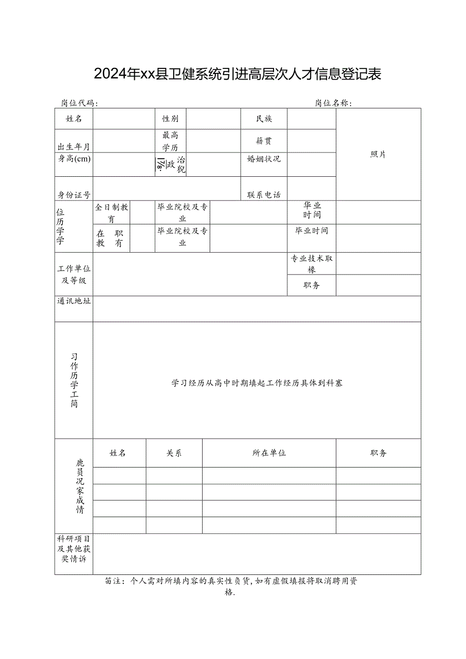 2024年xx县卫健系统引进高层次人才信息登记表.docx_第1页