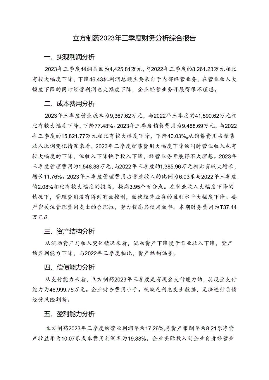 003020立方制药2023年三季度财务分析结论报告.docx_第1页