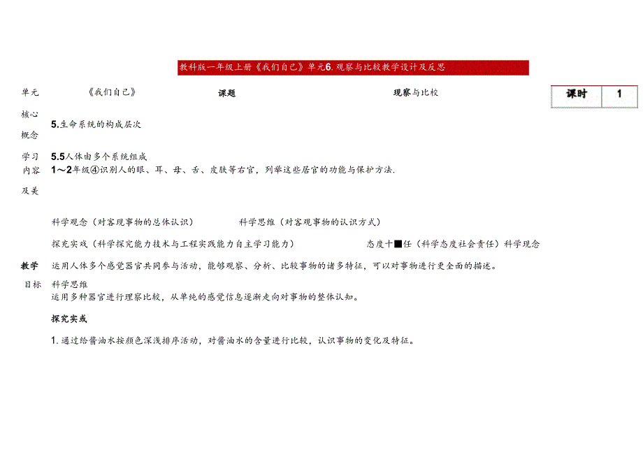 2.6《观察与比较》表格式教学设计 2024一年级上册科学教科版.docx_第1页