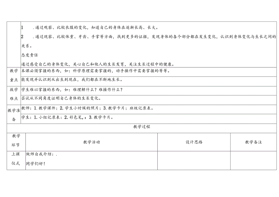 2.2《发现生长》表格式教学设计 2024一年级上册科学教科版.docx_第2页