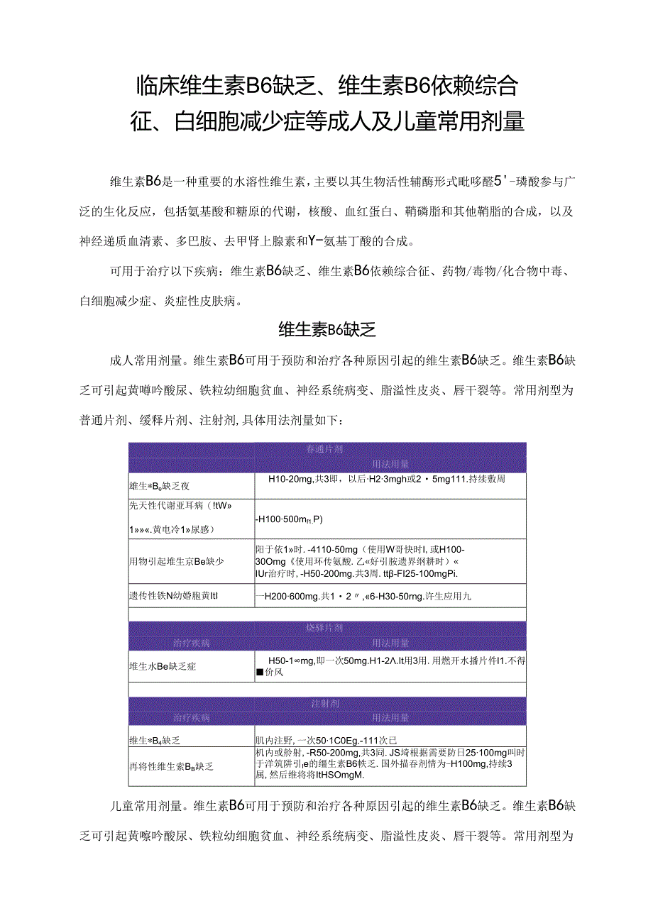 临床维生素B6缺乏、维生素 B6依赖综合征、白细胞减少症等成人及儿童常用剂量.docx_第1页