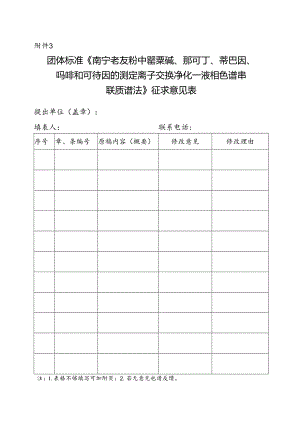 3. 团体标准《南宁老友粉中罂粟碱、那可丁、蒂巴因、吗啡和可待因的测定 离子交换净化—液相色谱串联质谱法》征求意见表.docx
