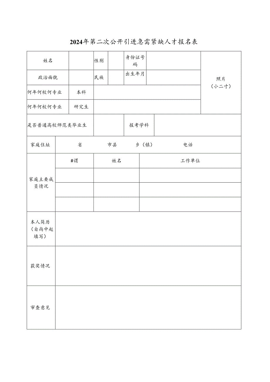 2024年第二次公开引进急需紧缺人才报名表.docx_第1页