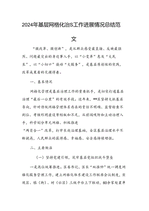 2024年基层网格化治理工作进展情况总结范文.docx