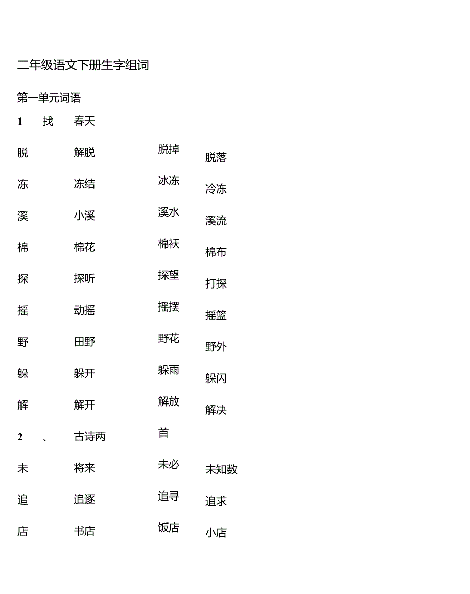 二年级下册生字组词田字格描红.docx_第1页