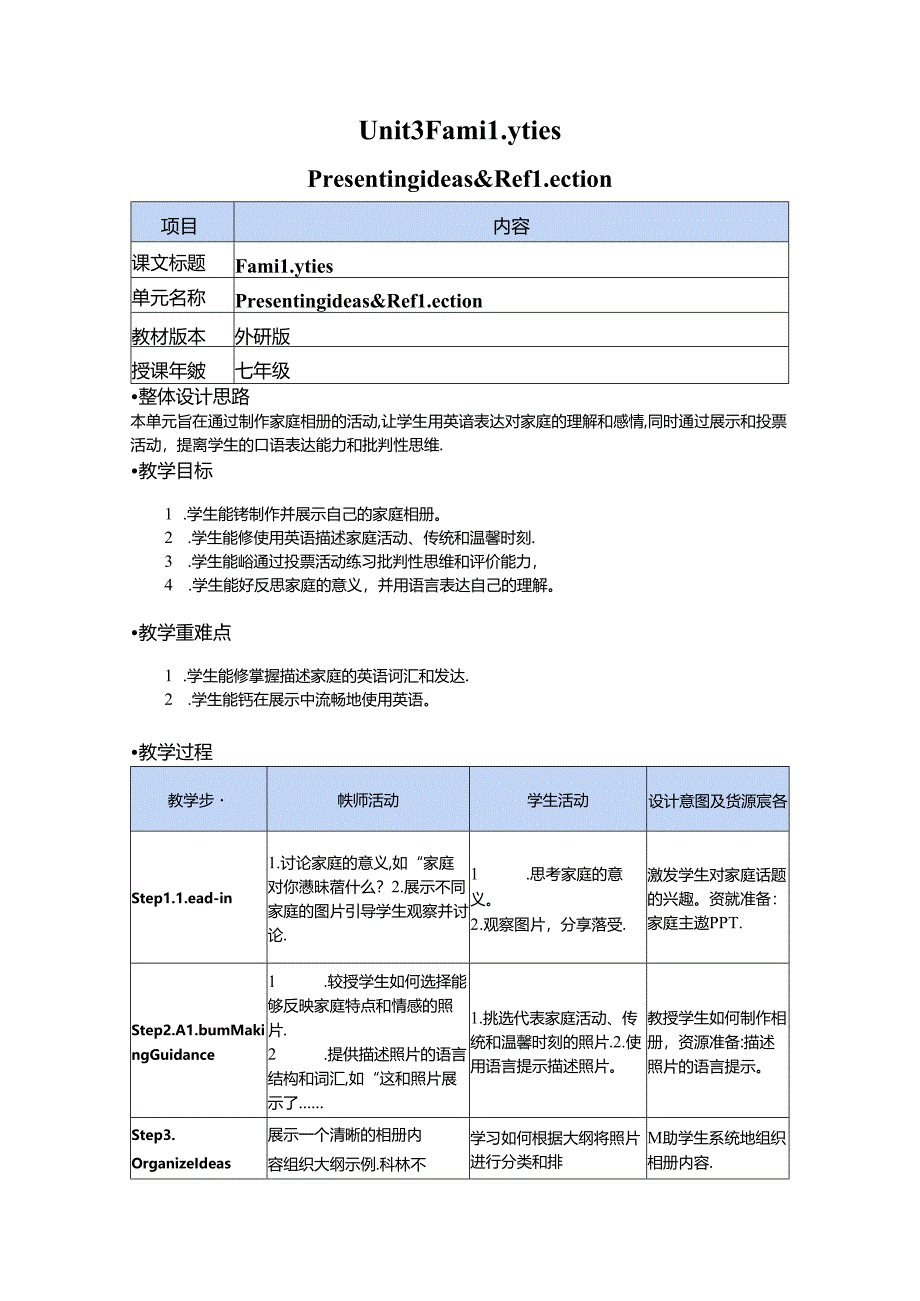 Unit 3 Presenting ideas & Reflection 教学设计-外研版(2024)七年级上册.docx_第1页