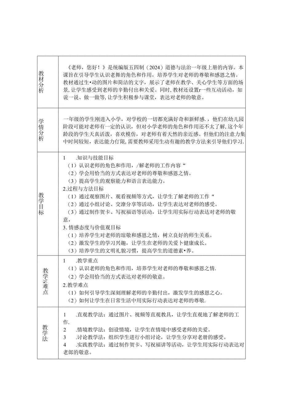 《5 老师您好!》教学设计2024-2025学年道德与法治一年级上册统编版五四制(2024).docx_第1页