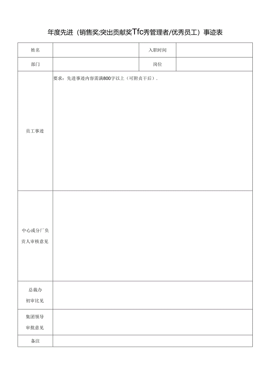 先进（销售奖突出贡献奖-优秀管理者优秀员工）事迹表.docx_第1页