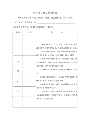 【精品】项目部工地安全值班表（单张打印版）.docx