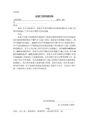 [监理资料][监理通知单]关于1-2标阳台、设备平台和空调机位外墙部位擅自扩大施工范围及现场施工工序与设计图纸不符的问题.docx