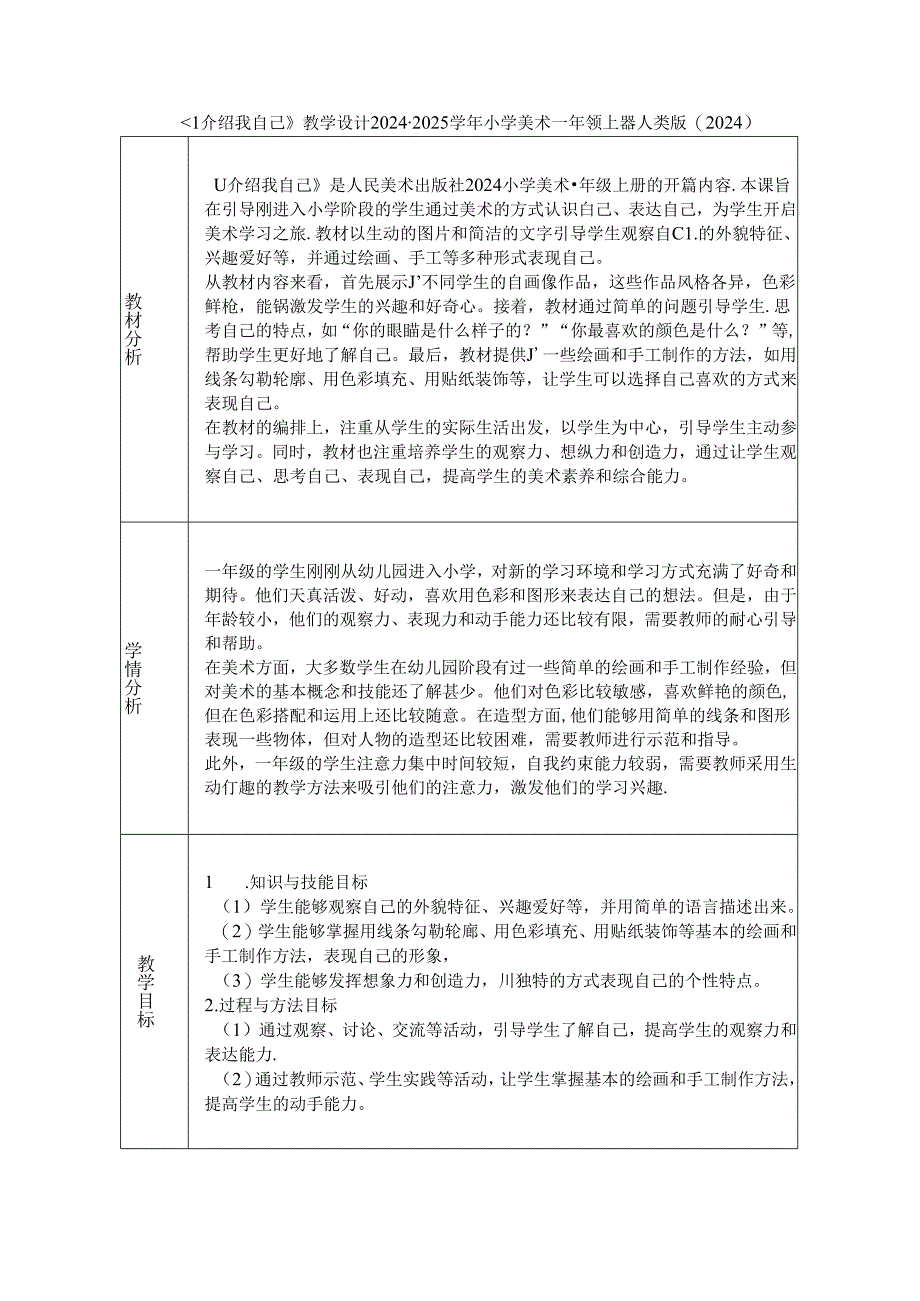 《1 介绍我自己》教学设计2024-2025学年小学美术一年级上册人美版（2024）.docx_第1页
