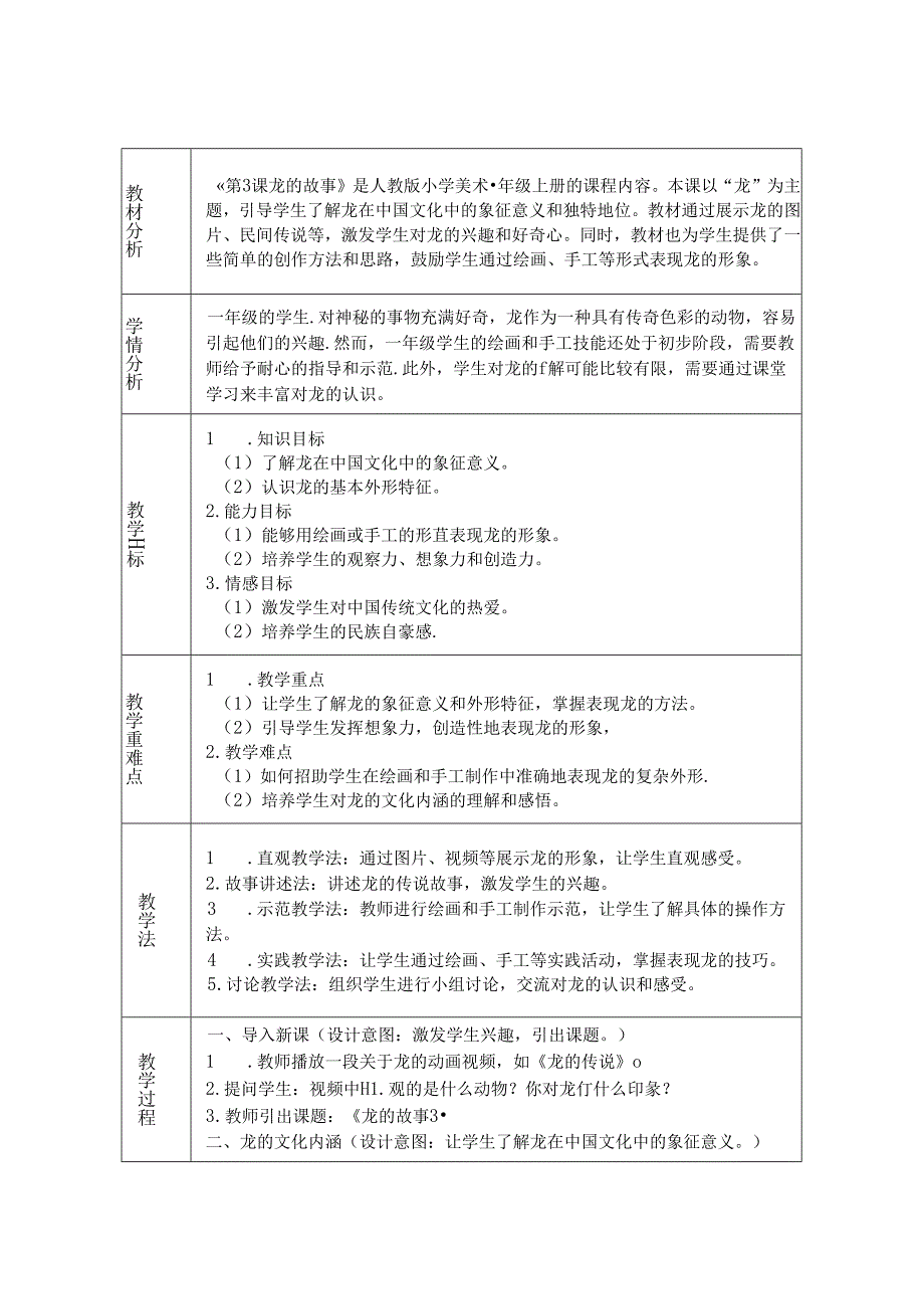 《第3课 龙的故事》教学设计2024-2025学年小学美术一年级上册人教版（2024）.docx_第1页