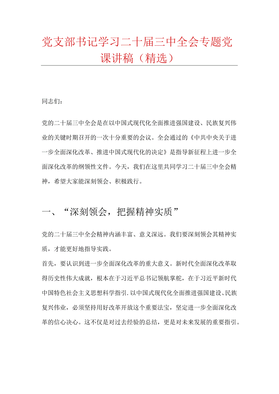 党支部书记学习二十届三中全会专题党课讲稿（精选）.docx_第1页