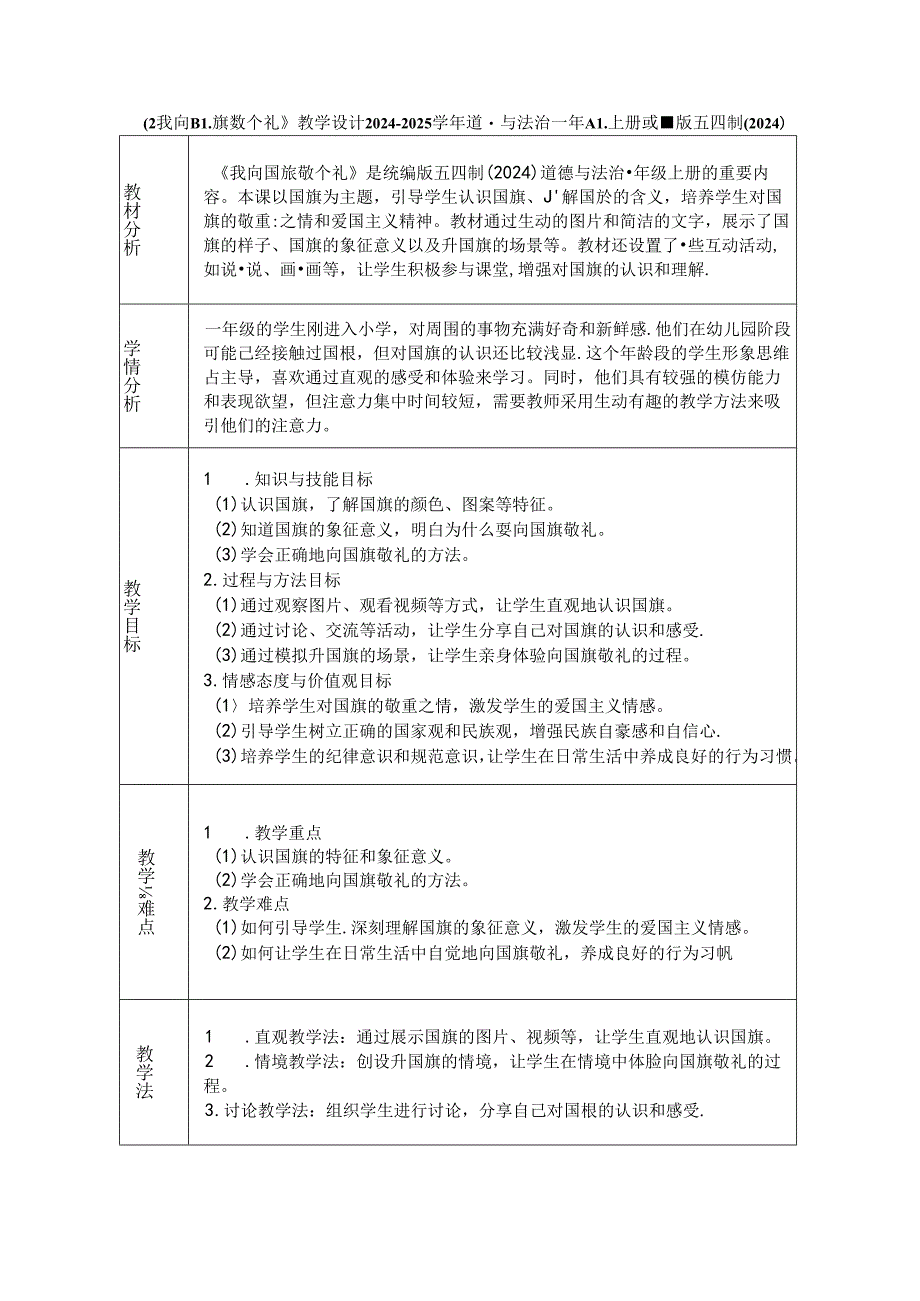 《2 我向国旗敬个礼》教学设计2024-2025学年道德与法治一年级上册统编版五四制(2024).docx_第1页