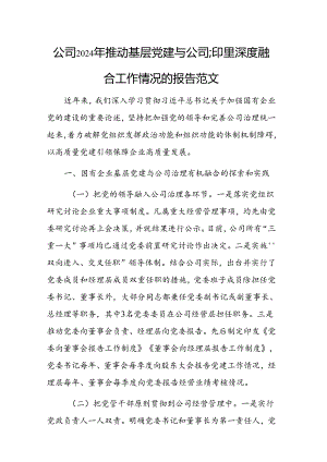 公司2024年推动基层党建与公司治理深度融合工作情况的报告范文.docx