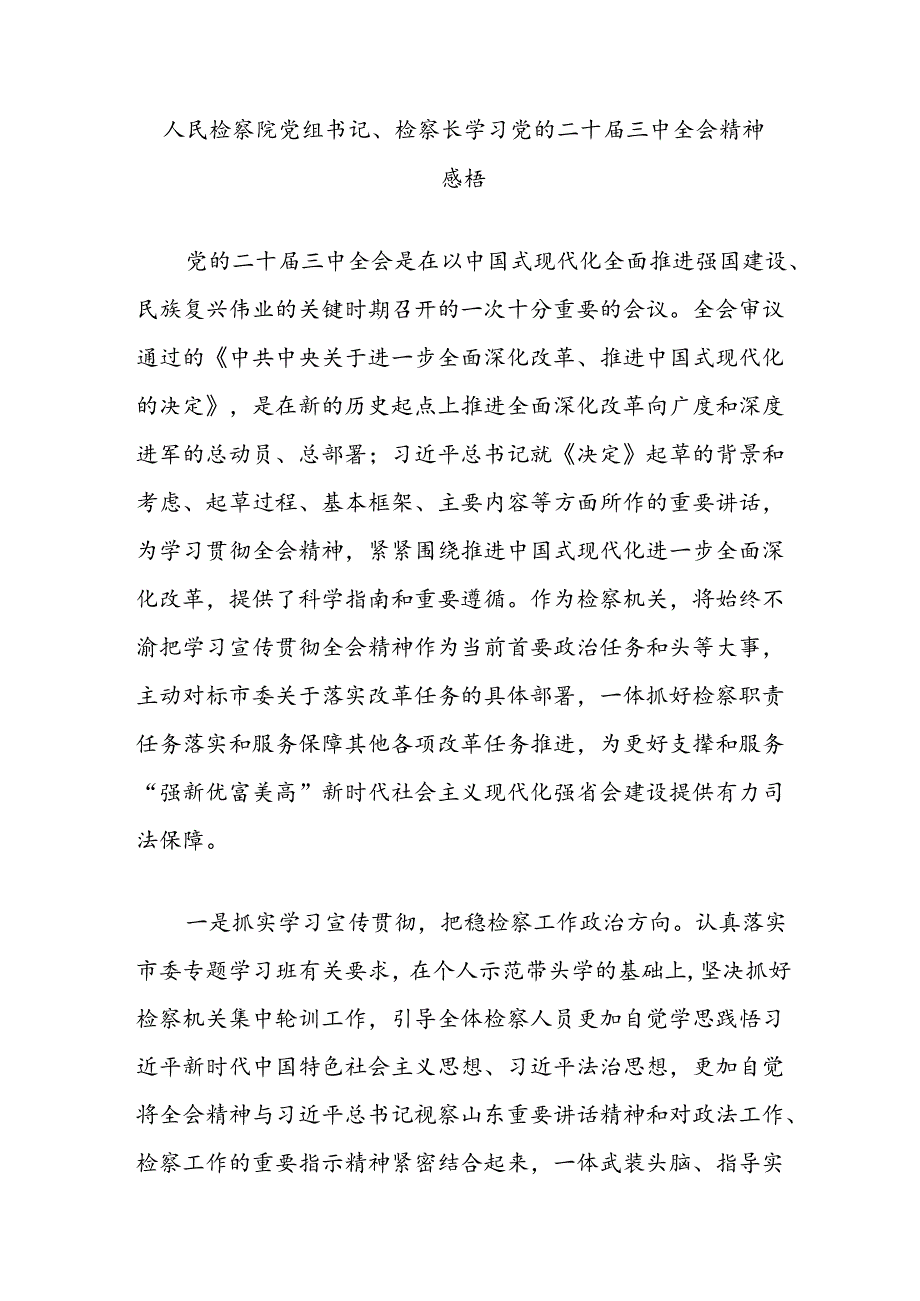 人民检察院党组书记、检察长学习党的二十届三中全会精神感悟.docx_第1页