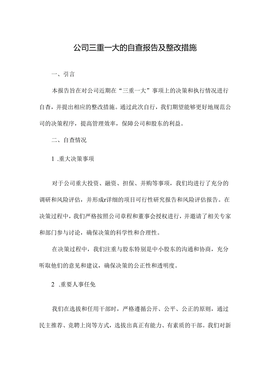 公司三重一大的自查报告及整改措施.docx_第1页