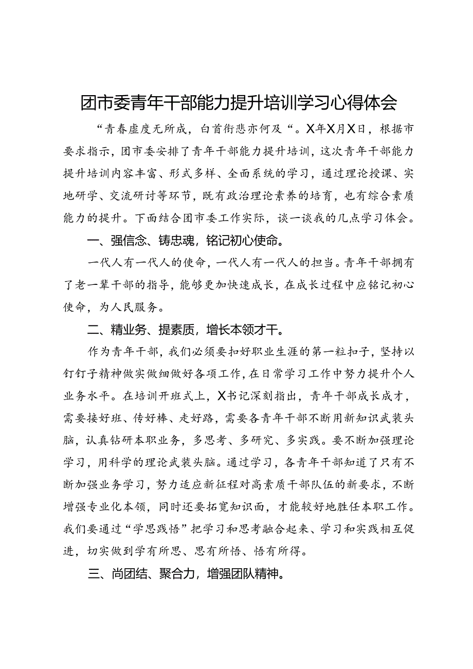 团市委青年干部能力提升培训学习心得体会.docx_第1页